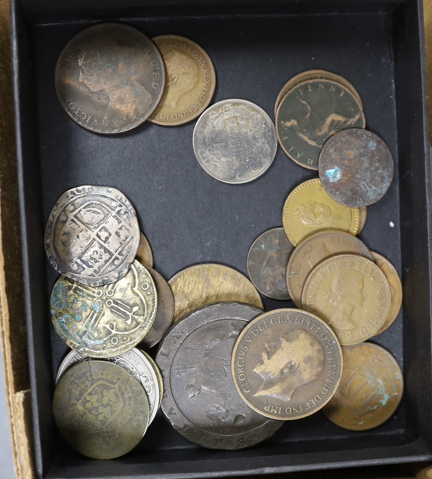 A collection of world coins including halfcrowns, florins, British coins, Charles II to QEII, highlights - 1875, 1888, 1874 and 1890 halfcrowns, Tees 1813 one penny token, James I shilling, 1886 Gothic florin, 1625 Farth